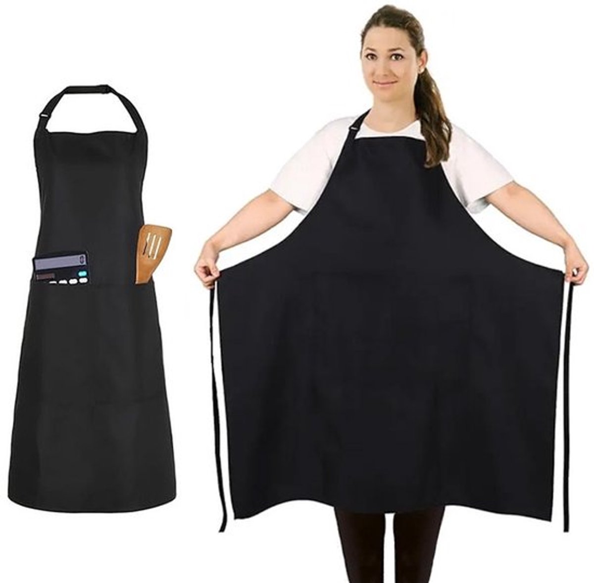 Dit zwarte, eendelige schort met twee zakken is unisex en verstelbaar, en geschikt voor restaurants, barbecues, keukens, winkels, pubs, bars, cafés en andere soortgelijke gelegenheden.