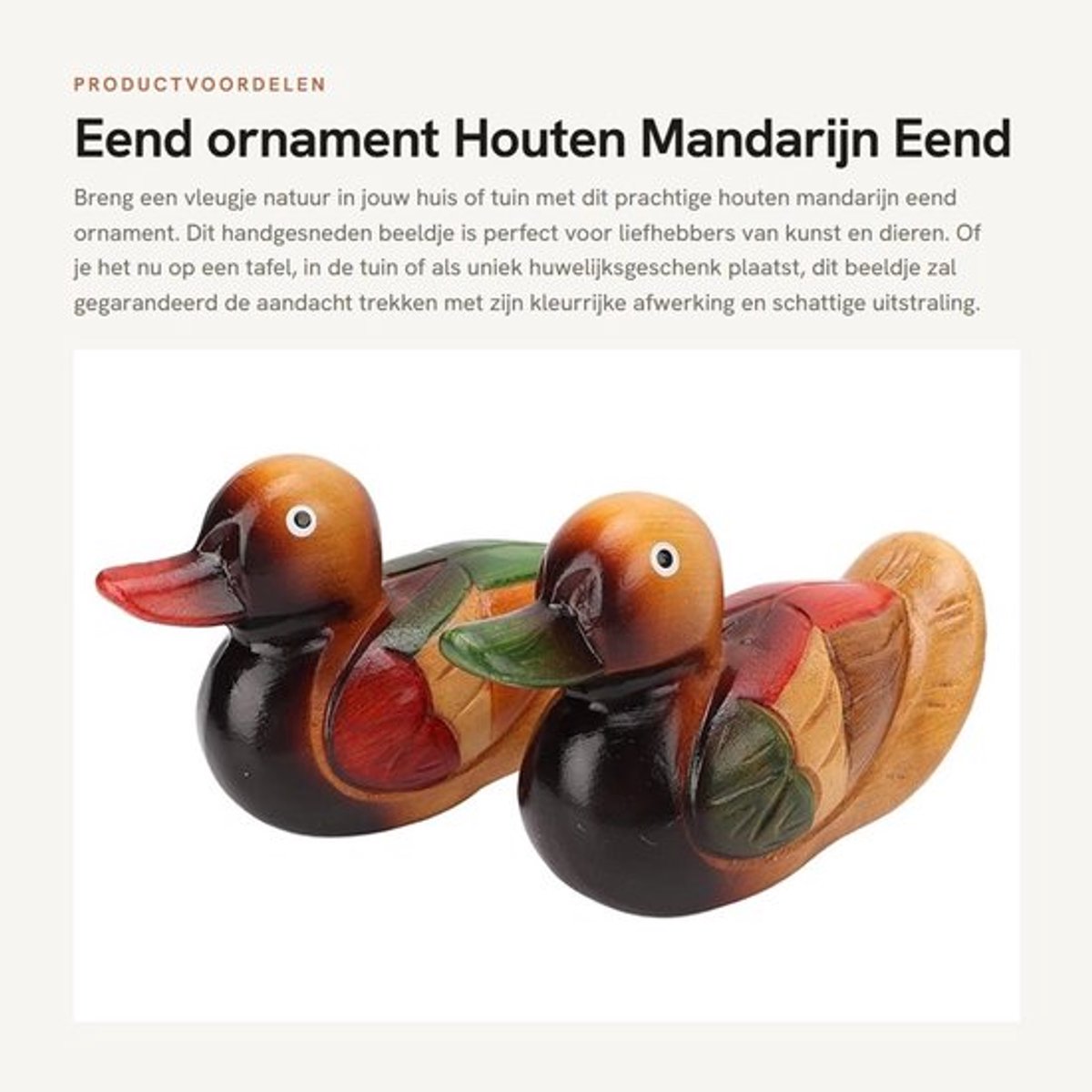Eend Ornament Handgemaakt - Houten Mandarijn Eend - Tuinbeelden - Tuindecoratie - Huwelijksgeschenken - 15 x 6,5 x 10,5 cm