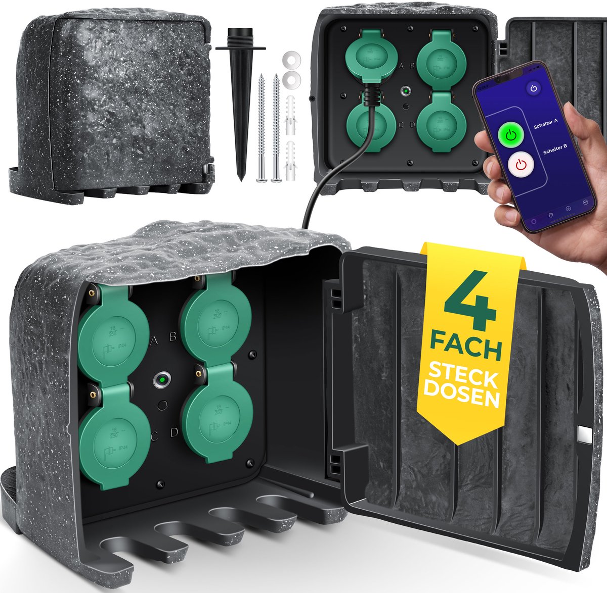 KESSER® Tuinsteckdose in Steenlook met 4 Stopcontacten en WiFi App Besturing