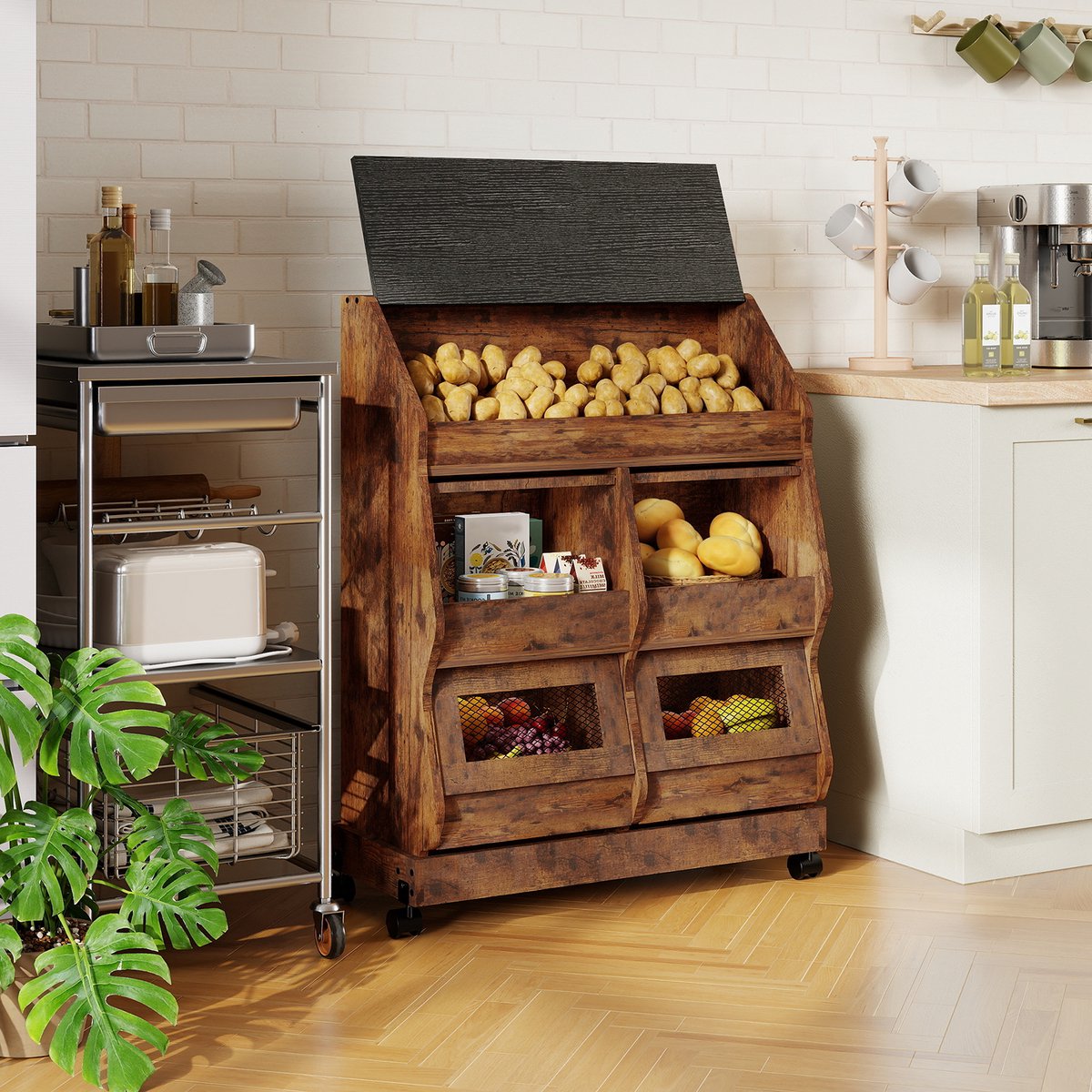 Puluomis - Aardappelen Kabinet - Verplaatsbaar met wielen - Met deksel - Keuken Opbergkasten - 72x30x96cm - Rustiek donkerbruin