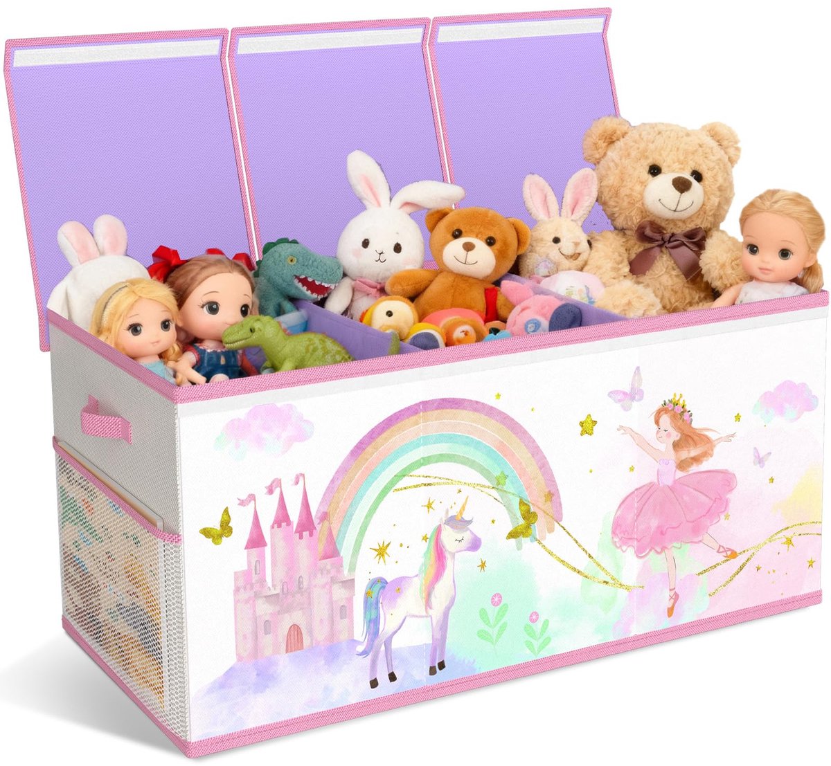 SnelShoppen - Extra grote opbergdoos speelgoedkist met deksel voor kinderen, opvouwbare speelgoedopslag met handgrepen, scheidingswand, beige en paars