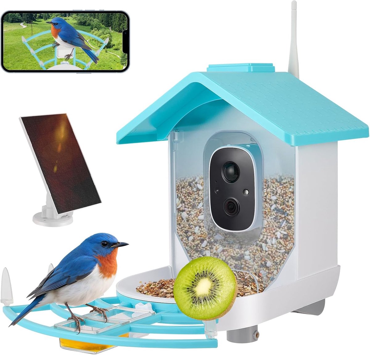SnelShoppen - Vogelvoederstation met Camera - Zonne-energie Vogelhuis met 1080p HD Beeld, Weerbestendig IP66, AI Tracking van 10.000 Vogelsoorten - Bl