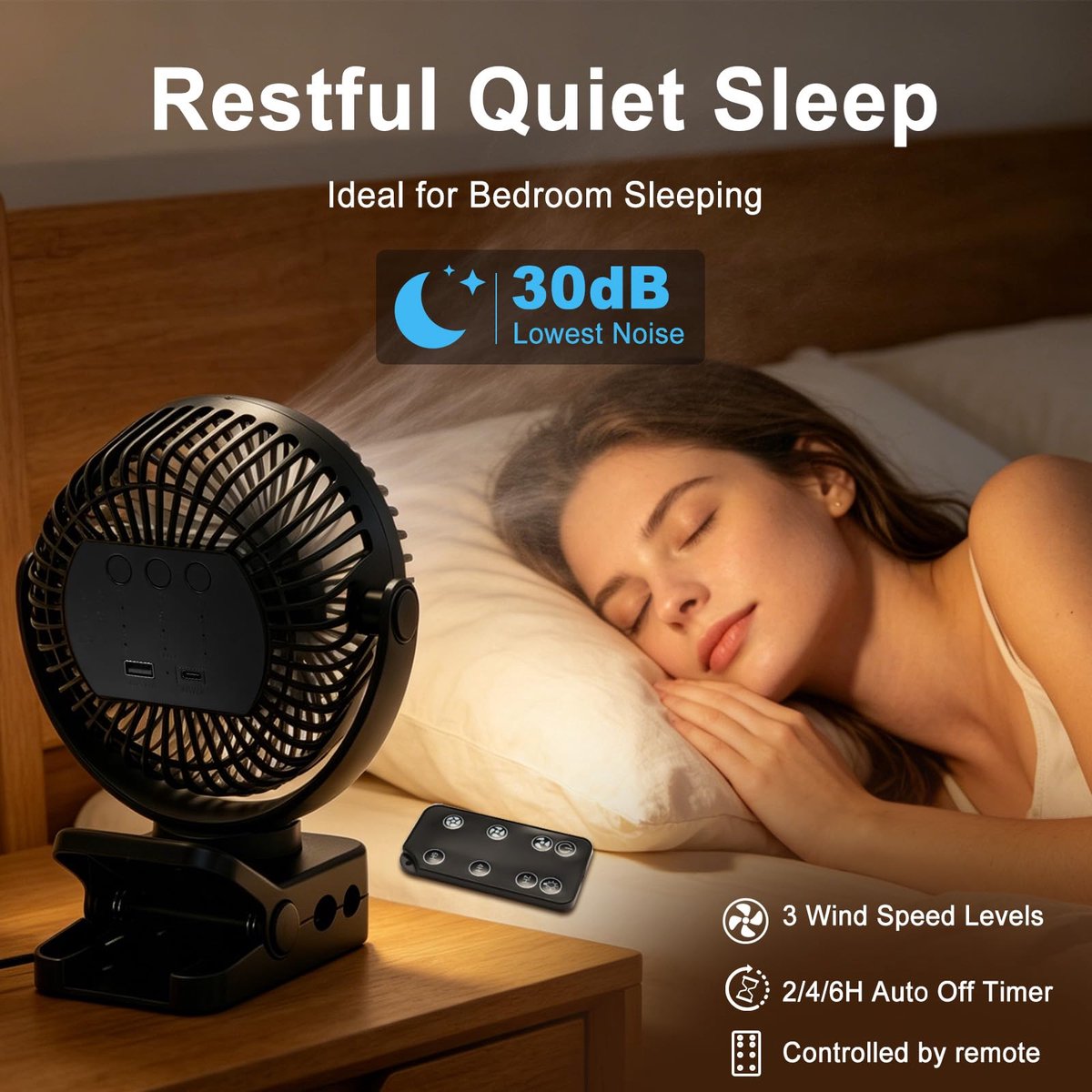 SnelShoppen - Draagbare Ventilator Oplaadbaar 12000 mAh USB Stil Kleine Tafelventilator met Klem en Afstandsbediening LED Lampen Perfect voor Auto Kin