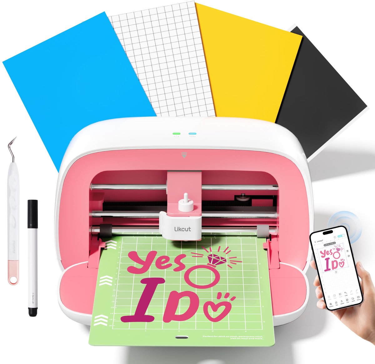 SnelShoppen - Likcut S501 Mini-Snijplotter, Plottermachine voor Vinyl, Hittransferfolie, Kaarten - Inclusief Beginnersset - Roze
