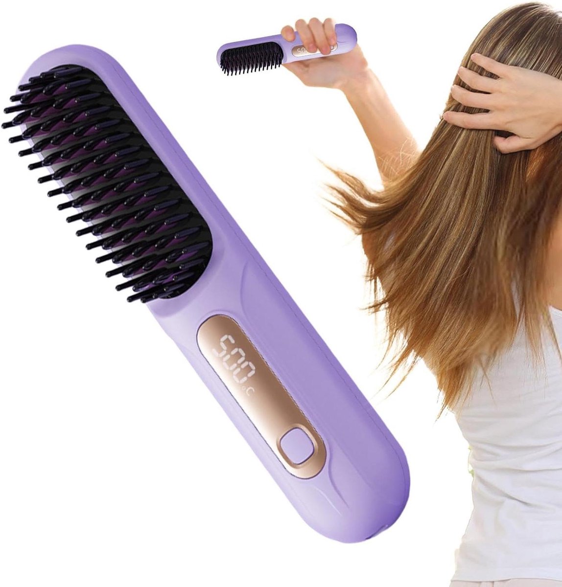 Stijltangborstel Draadloos - Verwarmde Kam Stijltang - Haar Stijlen - Verbrandingsvrij Ontwerp - 185 cm - Roze Paars
