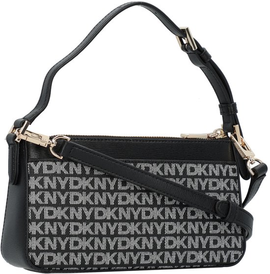 Zwarte DKNY schoudertas met repetitief grijs DKNY logo, goudkleurige hardware en verstelbare banden.