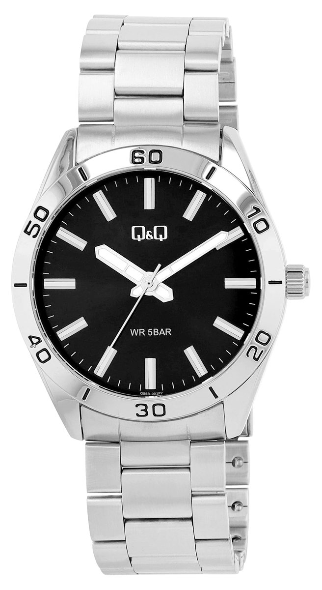 Q&Q Q86B-002PY - Horloge - Polshorloge - Analoog - Heren - Mannen - stalen band - Metaal - Rond - Cijfers - Strepen - Zilverkleurig - Zwart