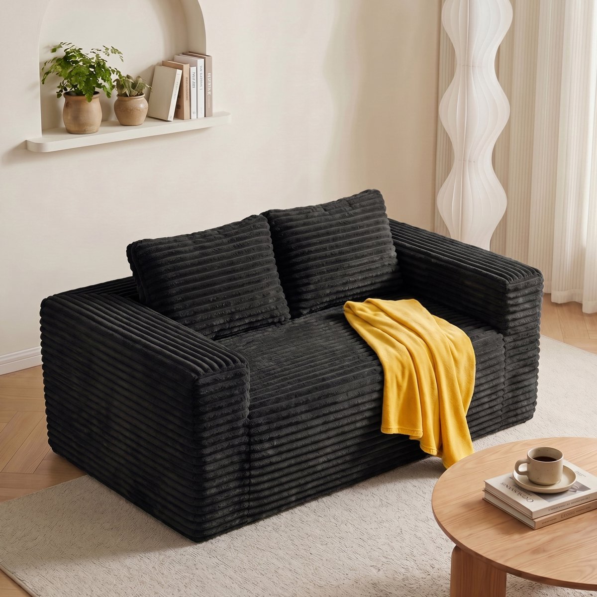 COVREO 2-zitsbank 160x88x58 cm - zwart corduroy, deep seat, no assembly