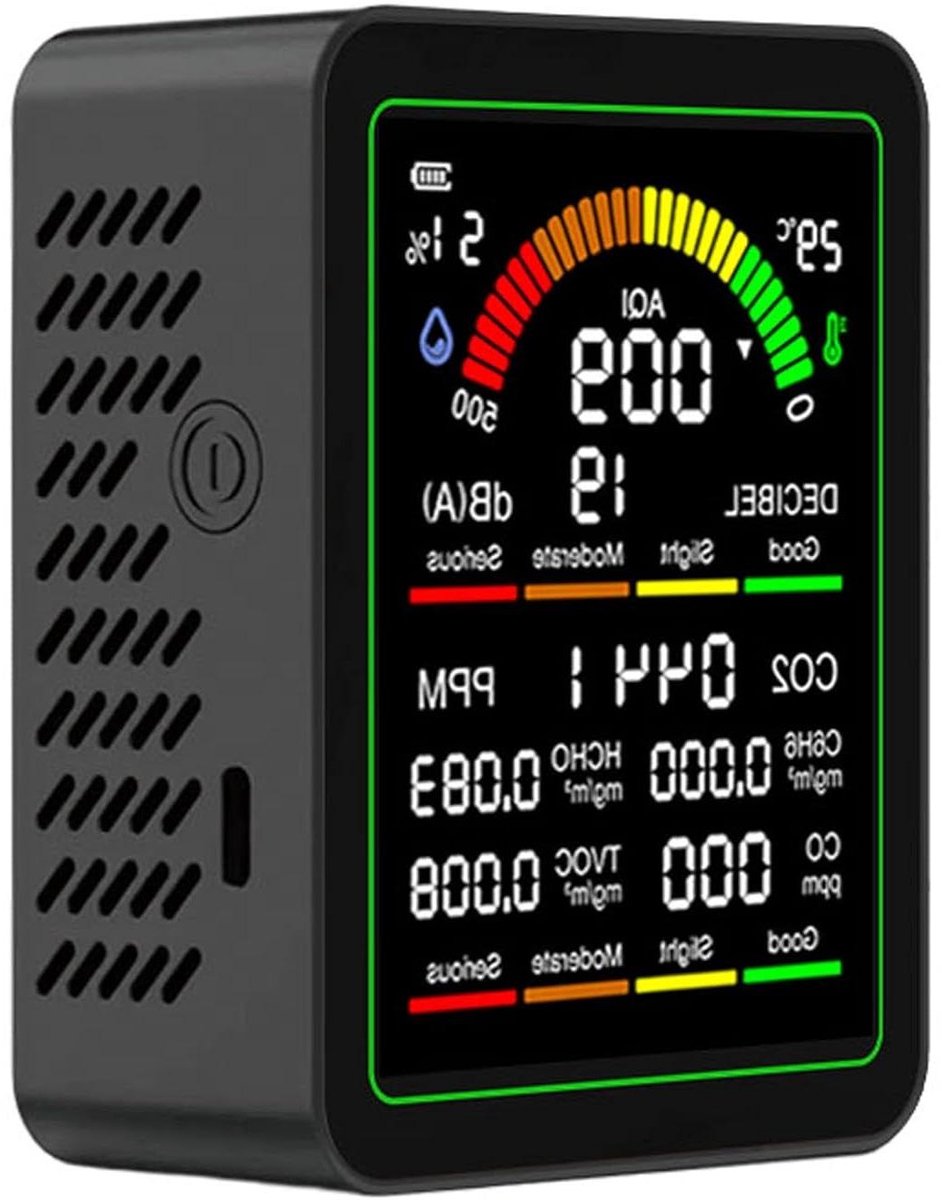 Luchtkwaliteitsmeter - CO2 monitor - Binnenomgeving meten - Realtime data - 2000mAh batterij - Zwart