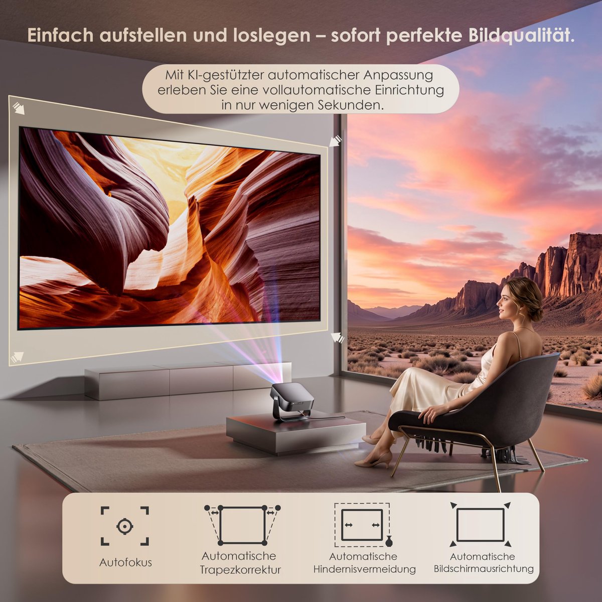 SnelShoppen - Mini-beamer 4K Smart Beamer, Native 1080p, 1200 Lumen, Autofocus, WiFi 6, BT5.2, HDMI, Draagbaar, Geluidsarm, Outdoor, 360° Draaibare St