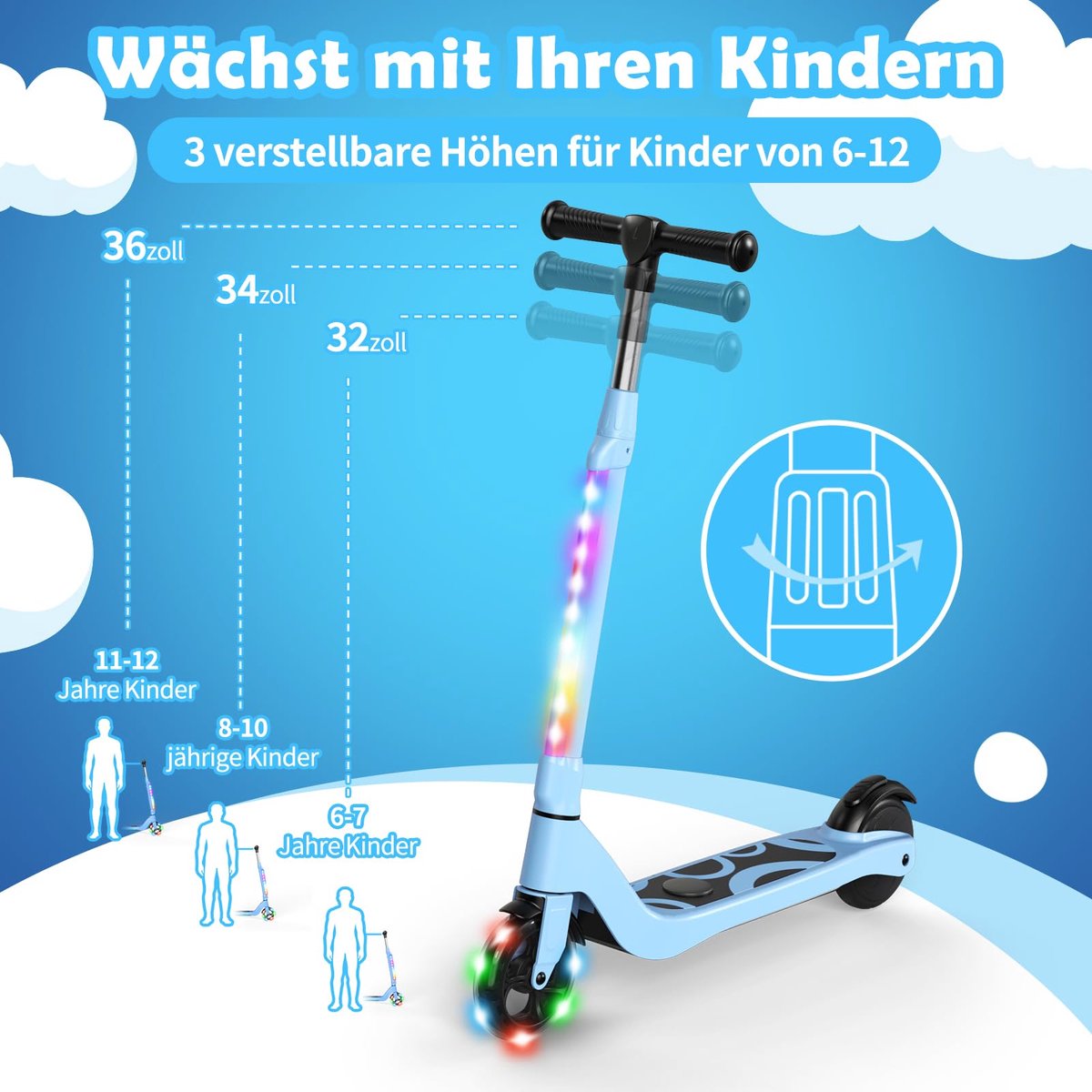 SnelShoppen - SISIGAD E-step voor Kinderen 6-12 Jaar, Elektrische Step met Knipperende LED-lampen, 3 Hoogtes, Max. 10 km/u, 45 W Motor, Tot 70 kg