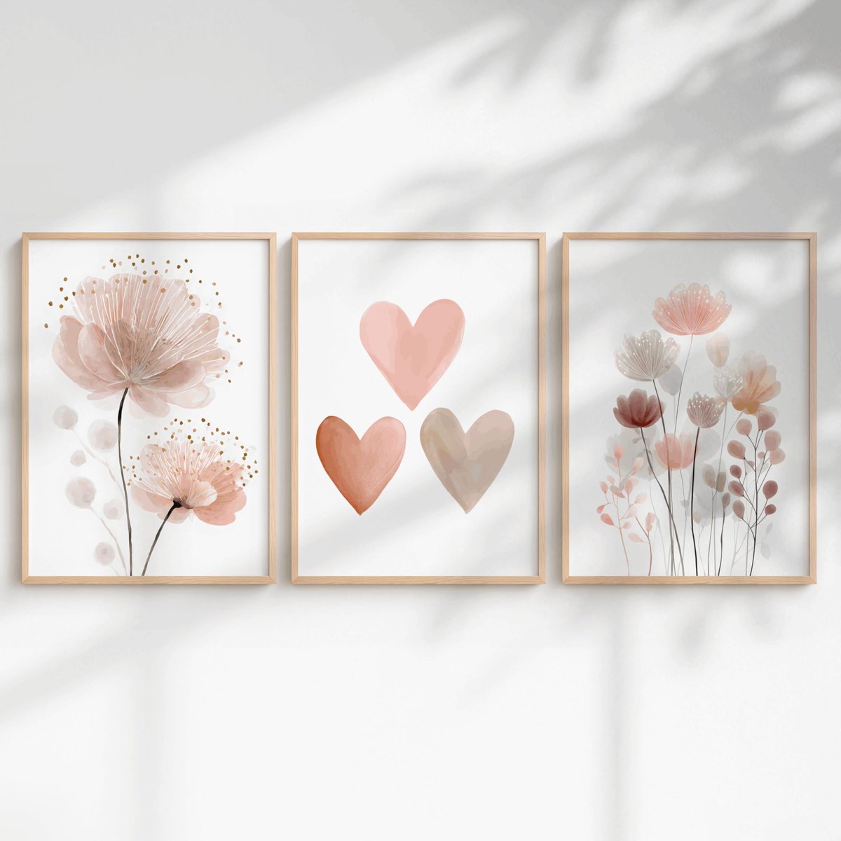 SnelShoppen - Set van 3 Kinderkamer Posters voor Meisjes - Eenhoorn, Prinses, Dieren & Regenboog Wanddecoratie - Liefdevolle Bloem & Hart Motieven - D