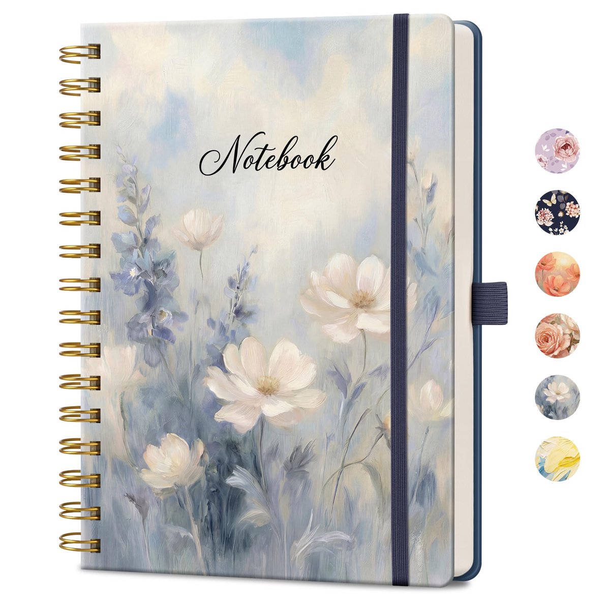 SnelShoppen - AUTEMPO A5 Notitieboek Spiraal Dagboek 160 Gelinieerde Pagina's Hardcover Notitieblok voor Vrouwen Zachtblauwe Bloemen 14,5 x 21 cm 100