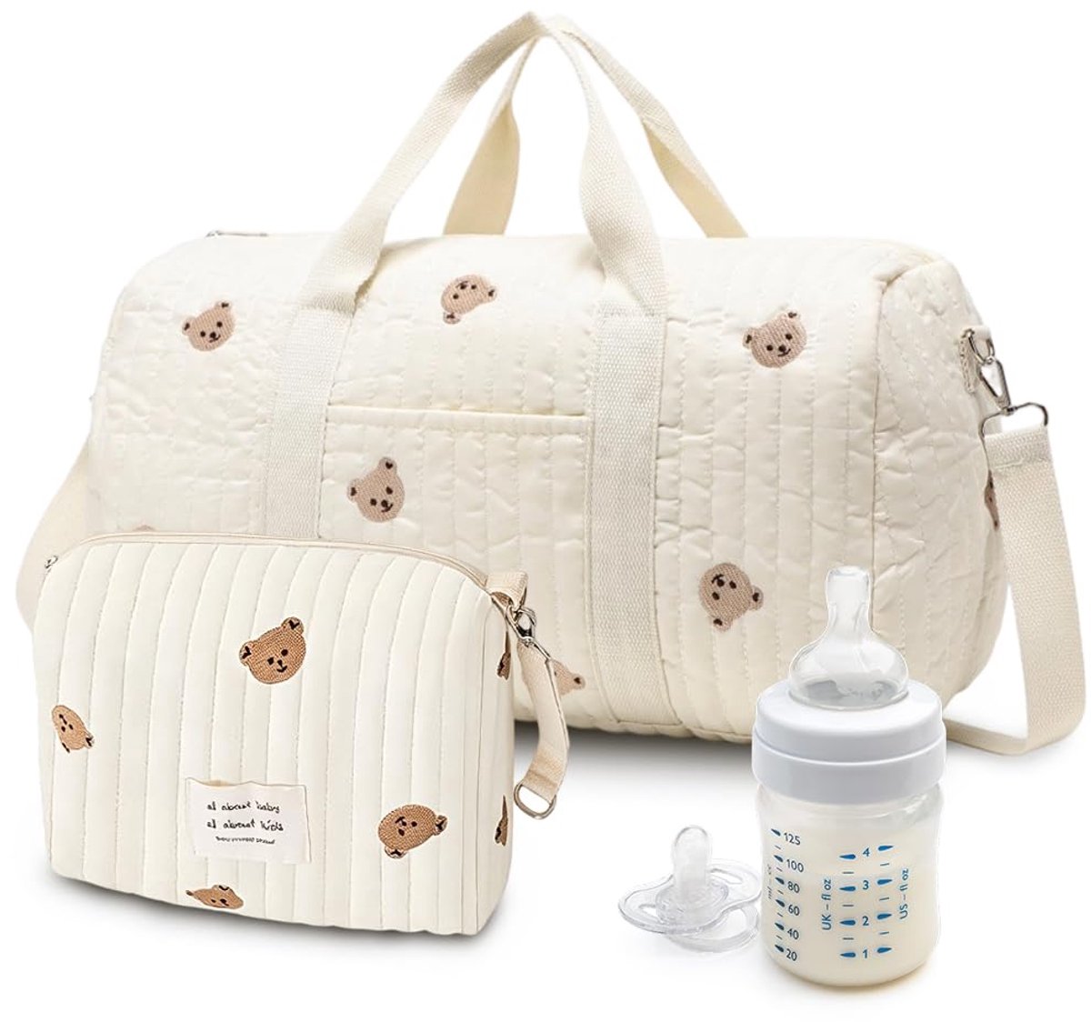 SnelShoppen - Luiertas Set van 2, Grote Kliniektas met Borduurwerk en Teddybeerpatroon, Katoenen Reistas met Schouderriem en Ritssluiting voor Geboort