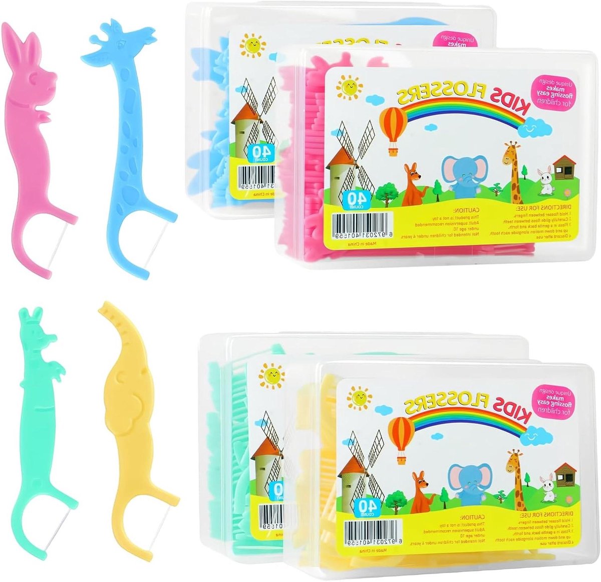 Floss-sticks voor kinderen - Tandzijde sticks - Mondhygiëne bevorderen - 3D dierenvorm handgreep - 160 stuks - Veelkleurig