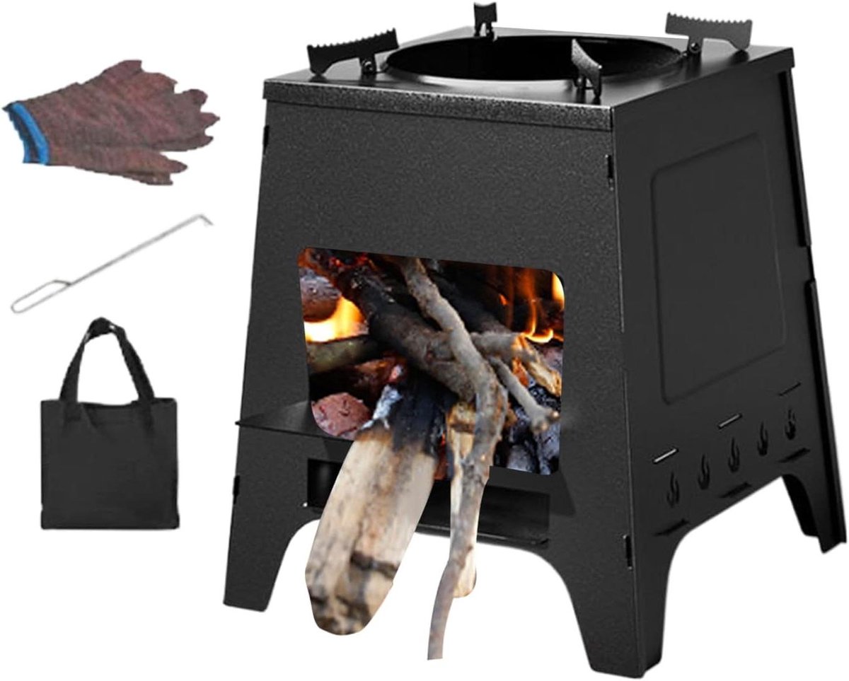 Buiten Houtkachel - Campingkachel Outdoor - Koken en Verwarmen - Afneembare Winddichte Brander - 30x23cm - Zwart