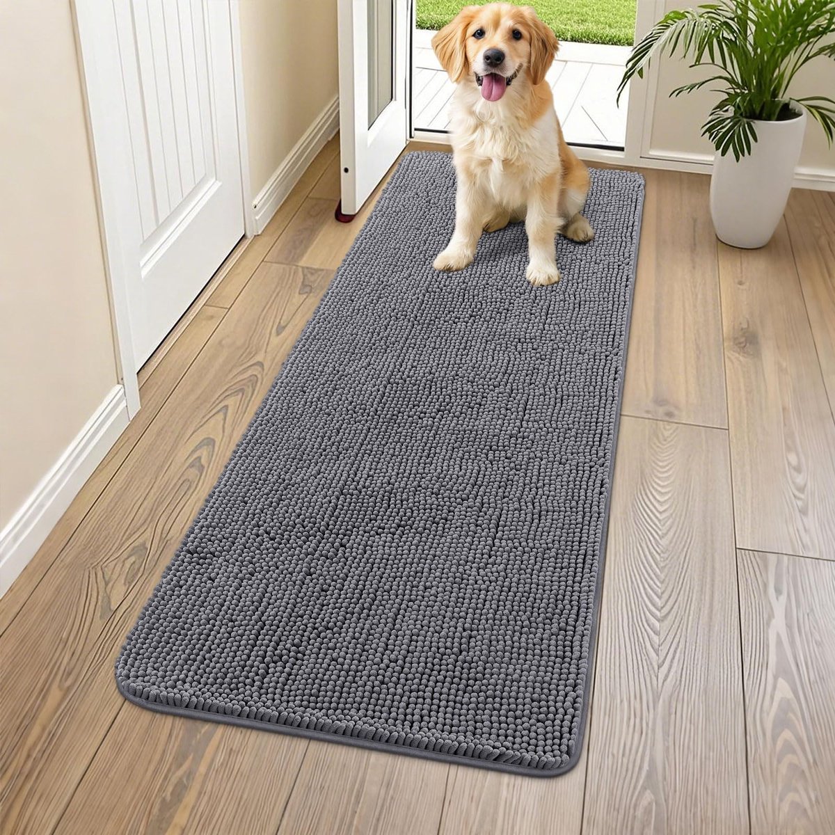 Hondendeurmat Voor Modderpoten 70x140cm - Absorbeert Vocht En Vuil - Absorberende, Antislip, Wasbare Deurmat - Snel Drogende Chenille Moddermat - Entree, Binnen, Entree, Vloerbedekking Voor Binnen - Grijs