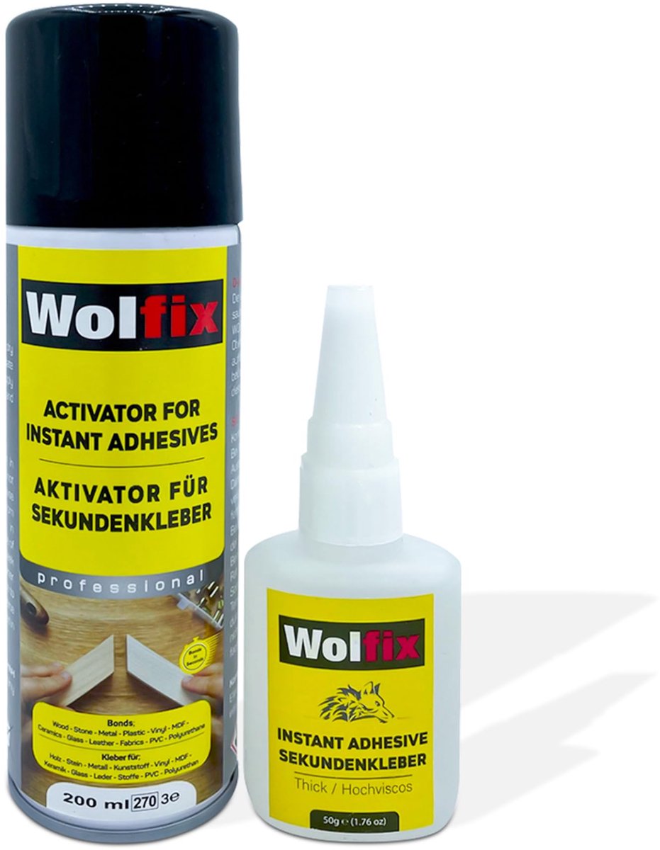 SnelShoppen - Wolfix Secondelijm Extra Sterk 50 g met Activator-Spuitlijm 200 ml - Alleslijmset voor Professionele Reparaties van Kunststof, Metaal, H