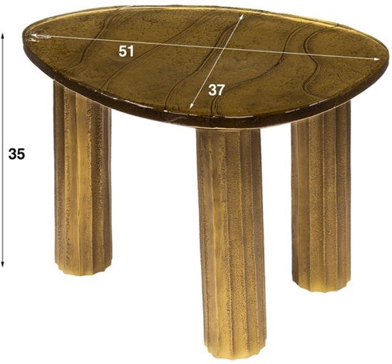 Gouden salontafel met golvend patroon op het tafelblad en gedetailleerde pootjes. Afmetingen 51x37x35cm.