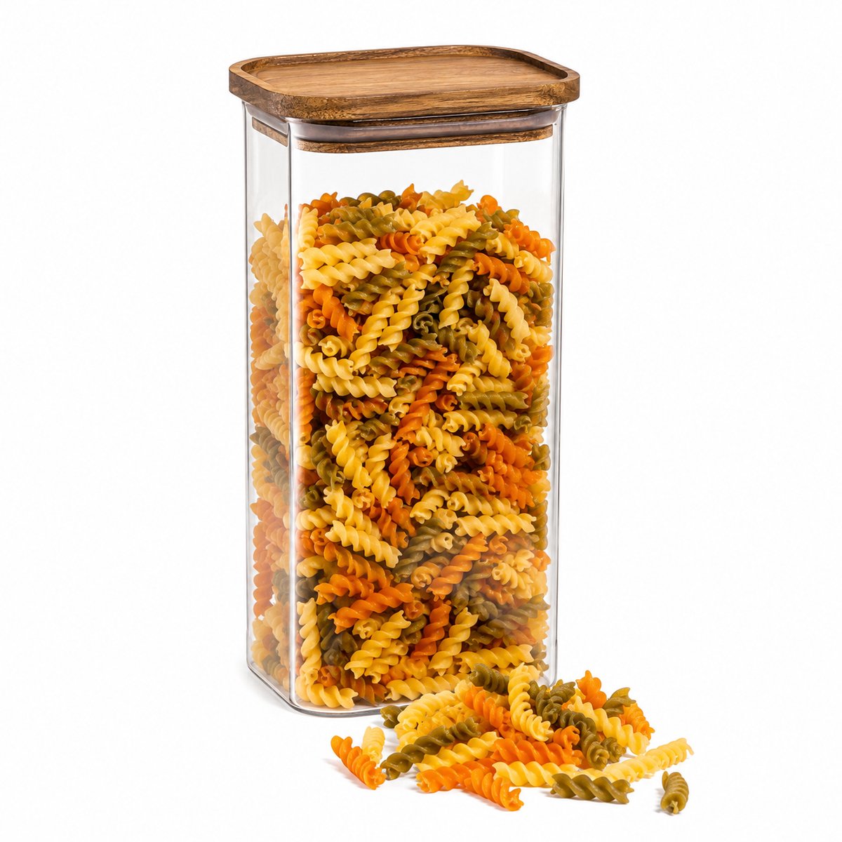 Glazen Voorraadpot 2 Liter – Rechthoekige Bewaarpot met Houten Deksel – Luchtdichte Voorraadbus voor Pasta, Rijst, Muesli en Koffie – Transparant/Bruin
