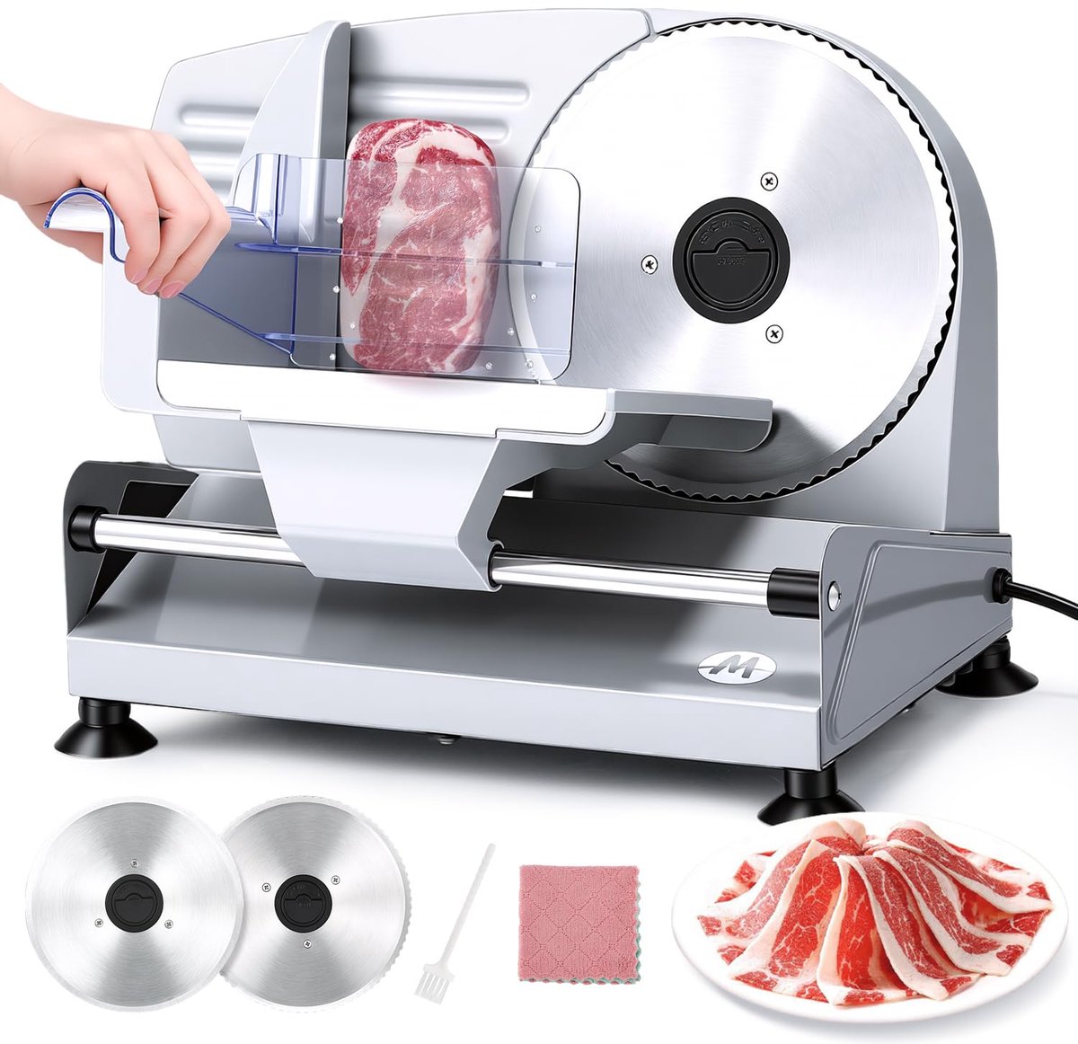 SnelShoppen - Elektrische Broodsnijmachine met 2 Roestvrijstalen Lemmeten 19 cm, Instelbare Snijdikte 0-15 mm voor Brood, Vlees, Kaas, Groenten, Keuke