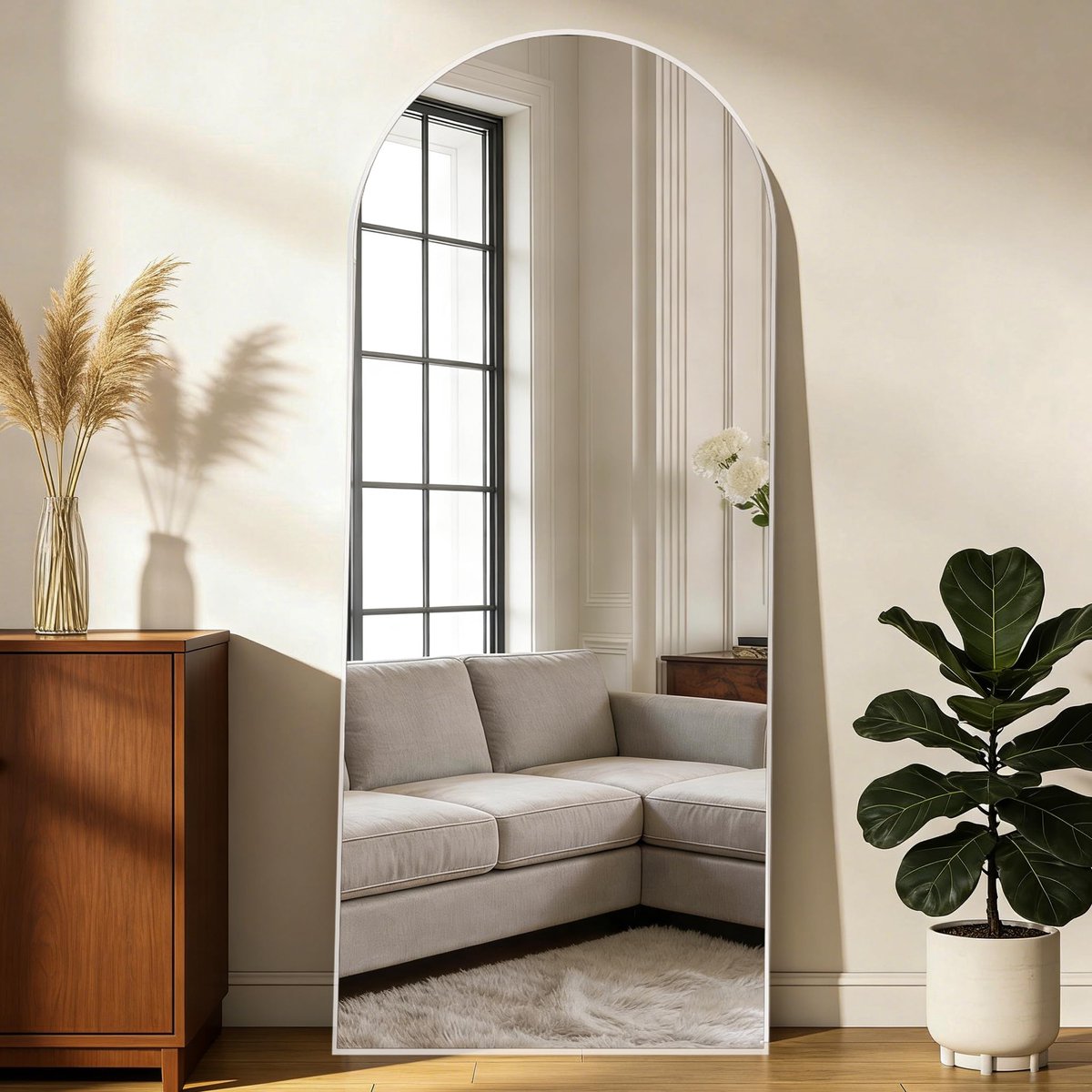 SnelShoppen - Gebogen Vloerspiegel 165 x 60 cm - Wit Boog Volledige Lengte Spiegel met Standaard - Grote Wandspiegel voor Volledige Lichaamsweergave -