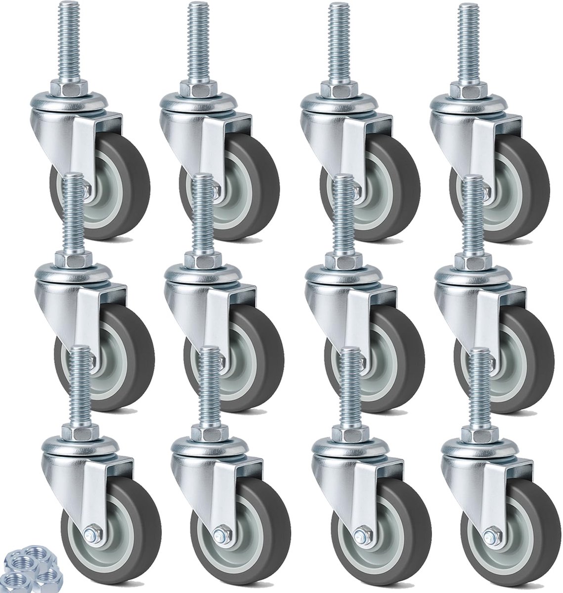Dailygoods - 12 Stuks Meubelwielen 50 mm - Zwenkwielen met M10 x 30 mm Schroef, 360 Graden Rotatie