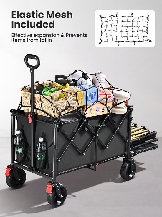 SnelShoppen - Opvouwbare Bolderkar 150-230L - Lichtgewicht Tuinwagen met Parkeerrem - Verstelbaar voor Camping, Strand en Winkelen - Zwart van Snelshoppen — afbeelding 4