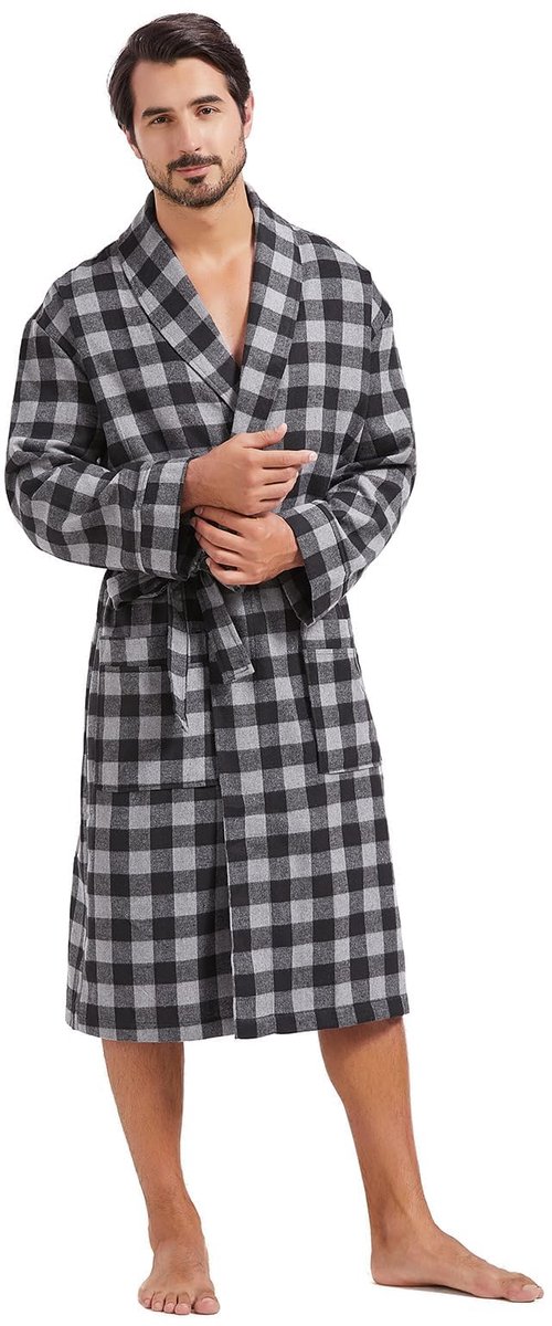 SnelShoppen - Heren Buffalo Plaid Katoenen Gewaad Lichtgewicht Badjas met Sjaalkraag Kimono Nachtkleding Loungewear Huisgewaden in Zwart & Grijs, 4X-L