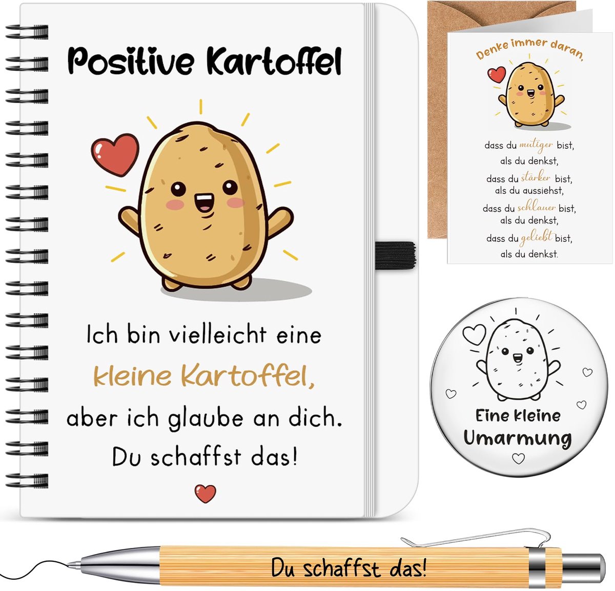 Dailygoods - Positieve Aardappelgeschenkset - Notitieblok, Pen en Geluksmunt