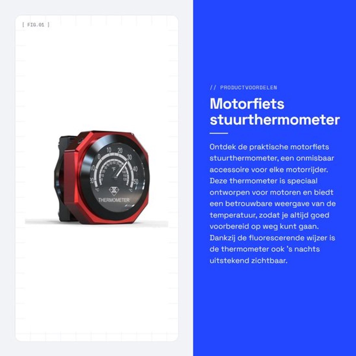 Stuurthermometer Waterdicht - Aluminiumlegering Temperatuurmeter - Fluorescerende Wijzer - Voor Motorfietsen 22-28 mm - Inclusief Sleutels en Plakband - Motorfiets Thermometer