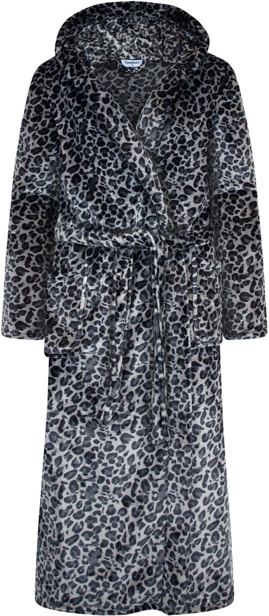 Unisex Badjas Extra Lang met Capuchon en Ceintuur - Ochtendjas - Superzacht Coral Fleece - Heren Dames - Panterprint Zwart - Maat S/M - 8211-Black