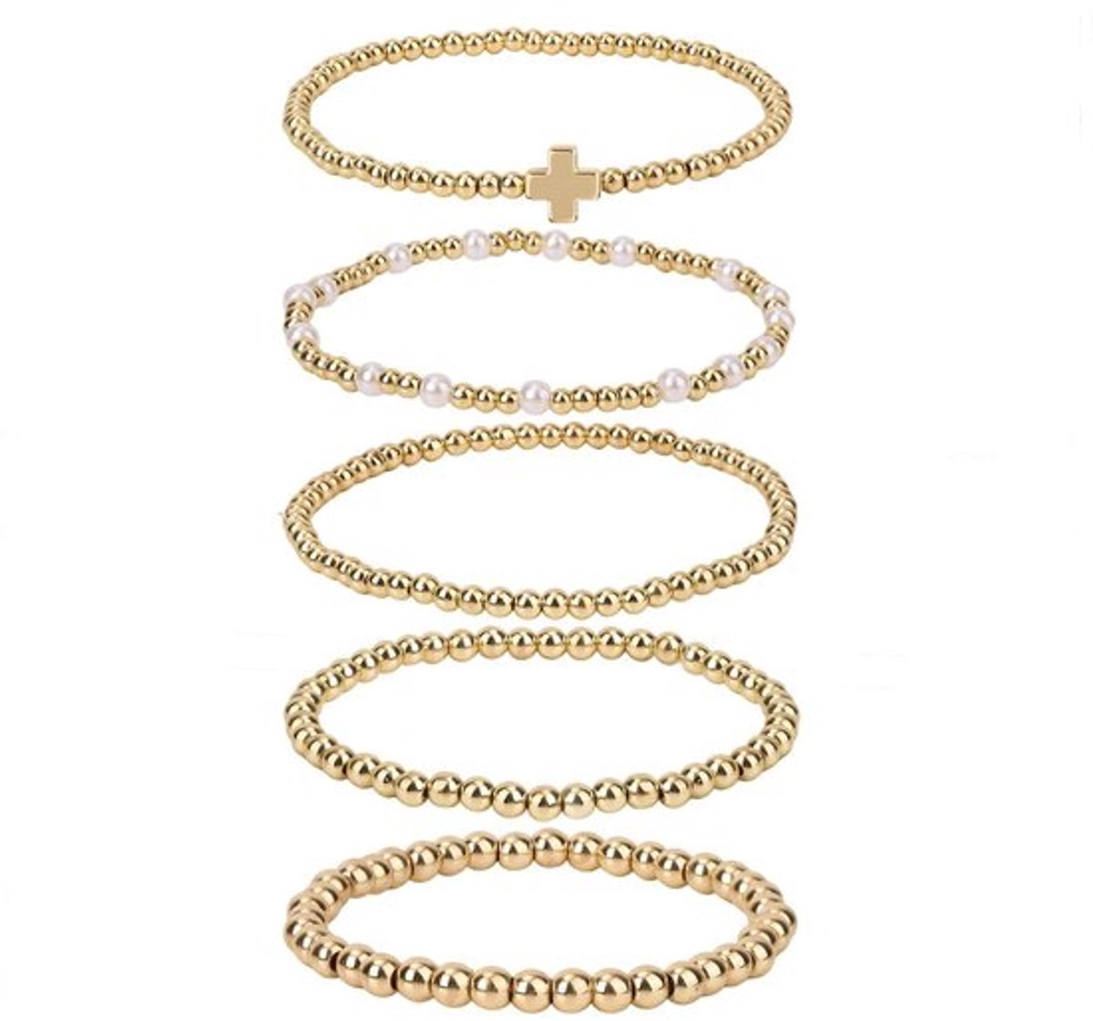 - Stapelbare Armbanden - Modeaccessoires - Gouden Kralen - Parels - 5-delige Set - Trendy Sieraden voor Vrouwen - Geschikt voor Casual - Go..