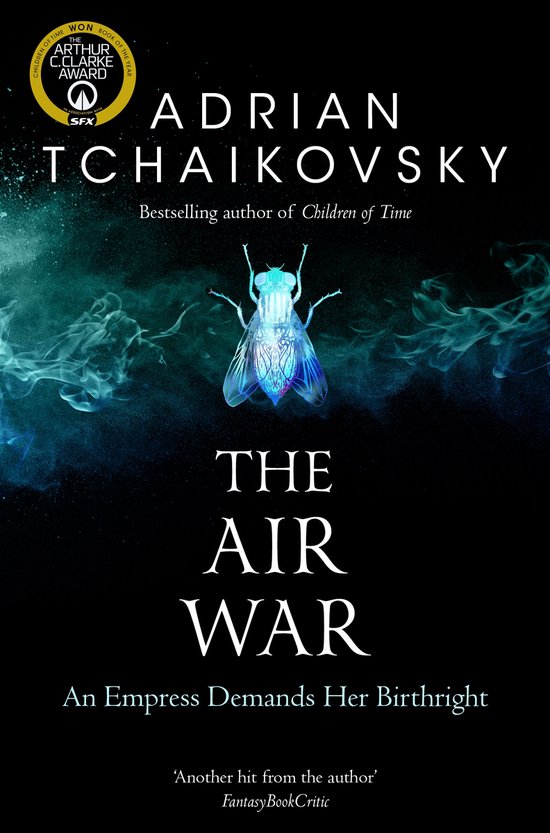 Boekomslag van 'The Air War' van Adrian Tchaikovsky, met een insectachtige figuur en donkere, wervelende achtergrond.