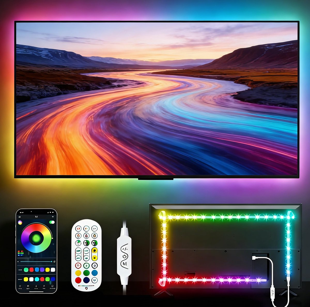 SnelShoppen - Daymeet LED Verlichting voor TV, 3M RGBIC TV Achtergrondverlichting voor 32-60 Inch Monitor met USB Lichtstrip, Afstandsbediening en Muz