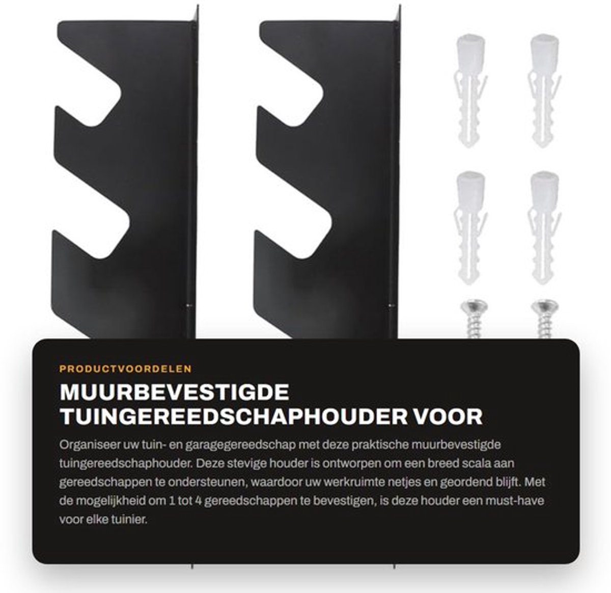 Tuingereedschaphouder voor 1-4 gereedschappen - Wandgemonteerd - Stevige ijzeren haak - Eenvoudige installatie - Geschikt voor diverse muren - Perfect voor garage en schuur - Gereedschapshouder