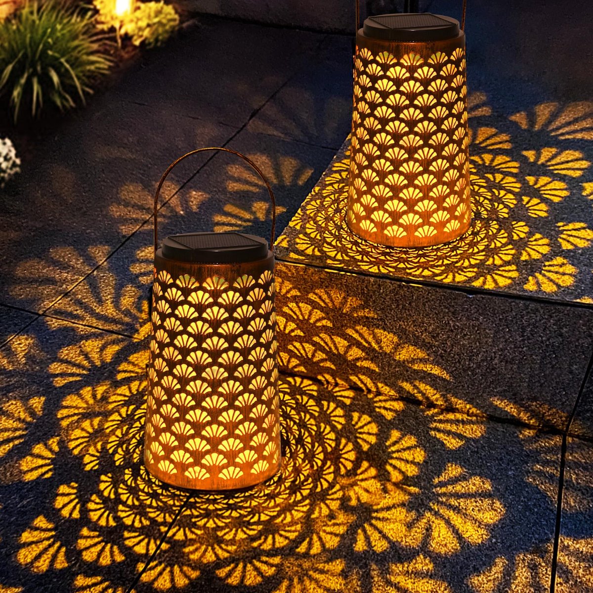 SnelShoppen - OUSFOT Lantaarn op Zonne-energie voor Buiten, 2 Stuks, Waterdichte Zonnelamp met 2 Verlichtingsmodi voor Tuin, Terras, Feest en Oosterse