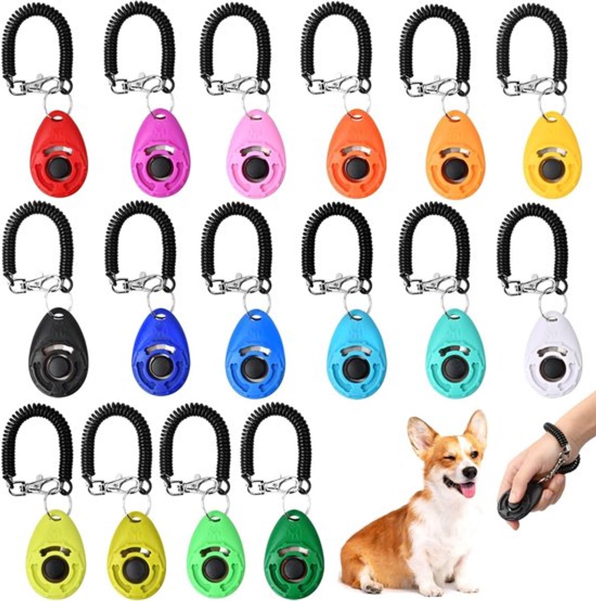 Clicker voor hondentraining, huisdiertraining, professionele clicker, polsband, hondenklikkerset met grote knop voor honden, paarden, katten - 16 stuks.