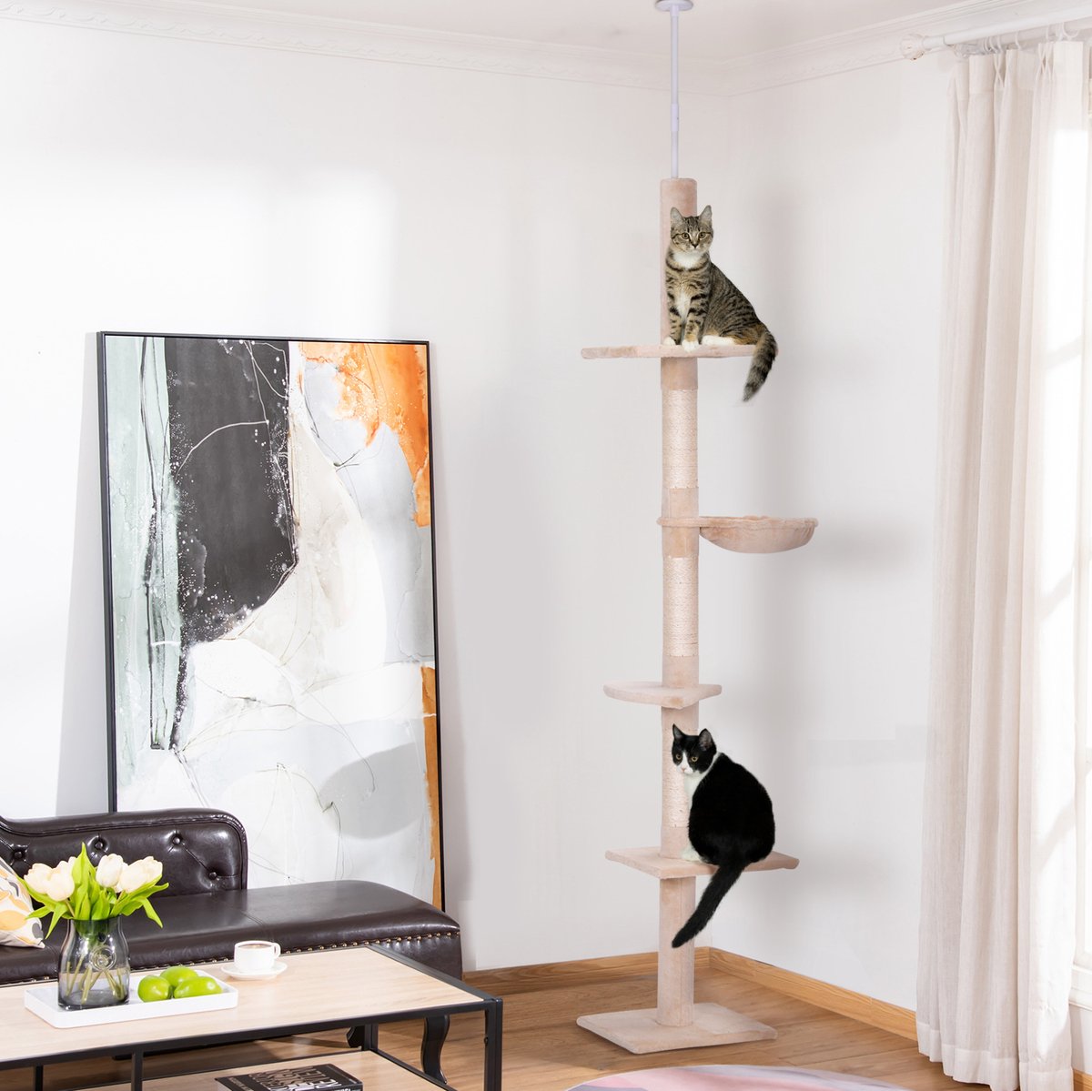 MIVRAY Krabpaal – Hoogte Verstelbaar 230-260 cm – Plywood en Sisal – Beige – Met 5 Niveaus en Hangmat Voor Klimmen en Krabben