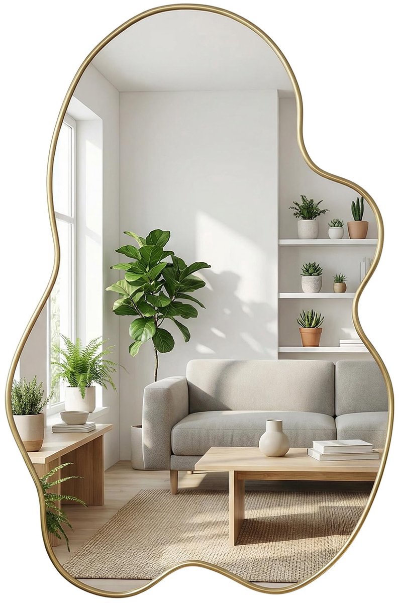 SnelShoppen - Asymmetrische Wandspiegel Goud 60 x 90 cm - Decoratieve Grote Spiegel voor Badkamer, Woonkamer, Slaapkamer, Hal en Entree - Modern en Or