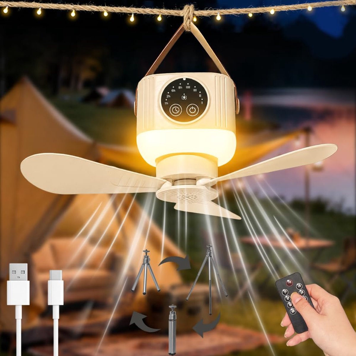 SnelShoppen - Camping Ventilator met Licht en Afstandsbediening, Plafondventilator met 4 Snelheden, Afneembaar, Haakjes, Timer, USB, Ideaal voor Pickn