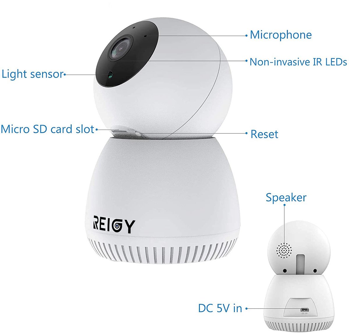 SnelShoppen - REIGY 3 MP WiFi Binnencamera 1296P Draadloos met 360 Graden Beeld, Audio Ondersteuning, Nachtzicht en Alarmapp voor iOS/Android