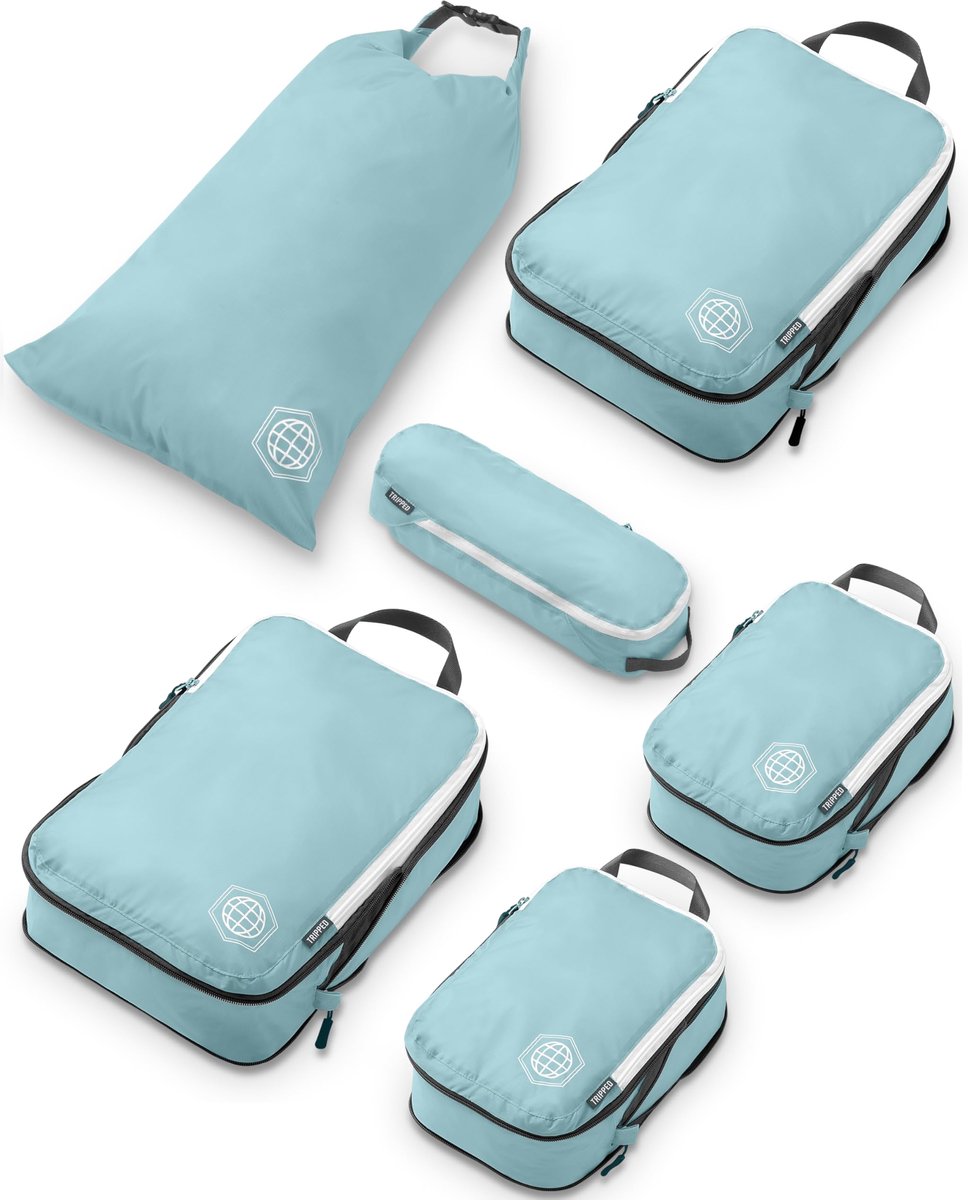 Dailygoods - Compressie Inpak Cubes voor Kleding - 6-delige Set in Dusty Teal en Wit