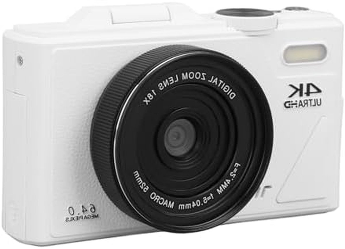 Digitale Camera - Vlogcamera Kinderen - Foto's Maken - 64MP UHD 4K Video - 18x Zoom - Wit