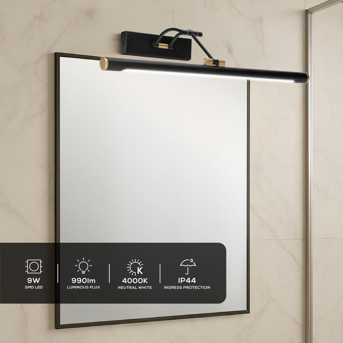 SnelShoppen - Miratic Lamp Boven Spiegel met Verlichting IP44 Zwart - 40cm/7W/770lm - Ideaal voor Spiegel Muur Mirror Light voor Badkamer en Woonkamer