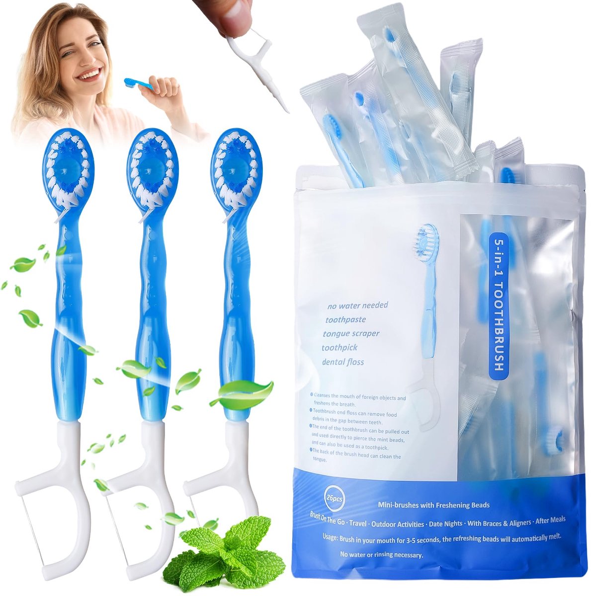 SnelShoppen - 26 stuks Reis-Tandenborstel, Mini-Tandenborstel & Floss, 5-in-1 Set met Tandpasta, Wegwerptandenborstels, Mini Tandenstokers voor Onderw