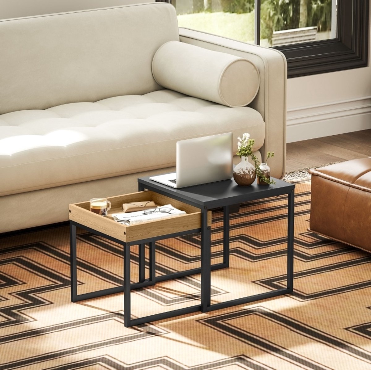 STILVORA Salontafel - 2-Delige Vierkante Nesttafels Met Afneembaar Blad - Voor Woonkamer En Kleine Ruimtes - MDF En Metaal - Zwart - 45x45x45 Cm