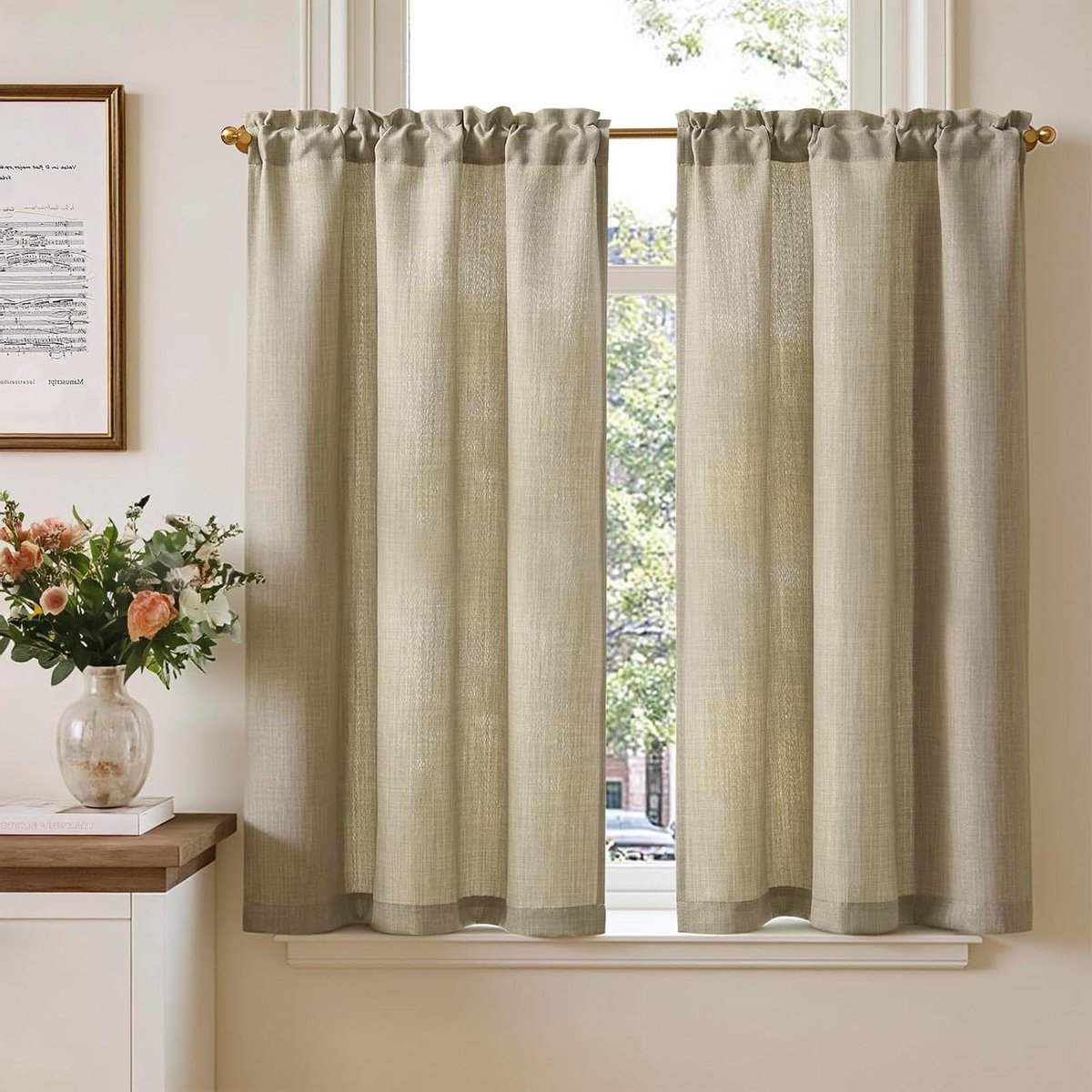 Bistro Gordijnen - Keukengordijnen Raamdecoratie - Privacy Creëren - Linnenlook Stijl - 2x 115x65 cm - Beige