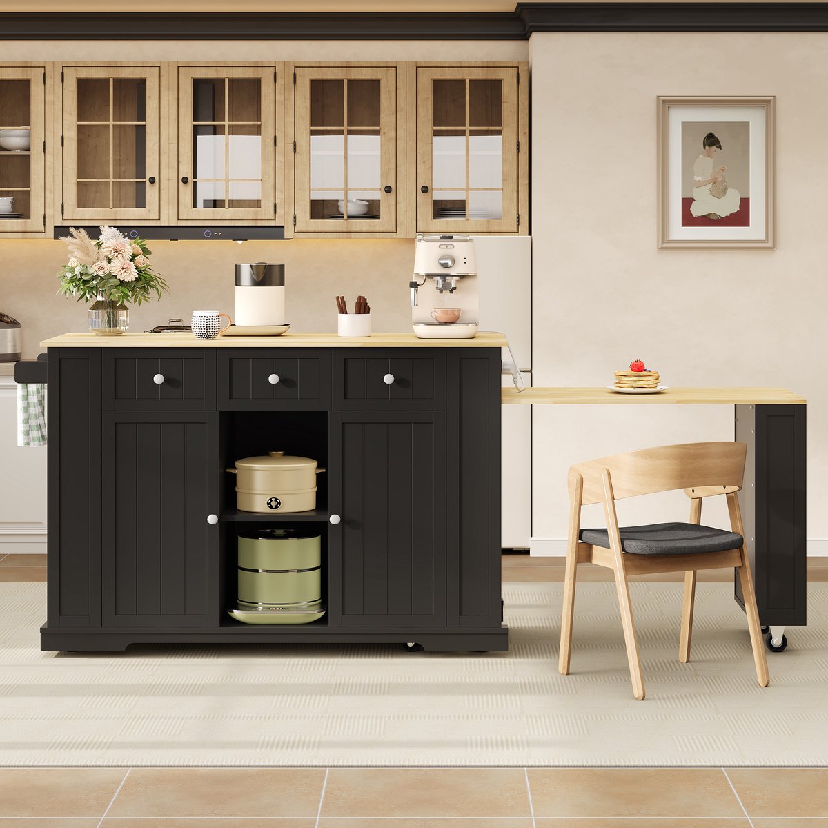 HAUSS SPOLE Keukenkast Keukeneiland Met Uittrekbare Eettafel En Opbergruimte Voor Keuken En Eetruimte MDF Zwart Natuurlijk 138 213 Cm