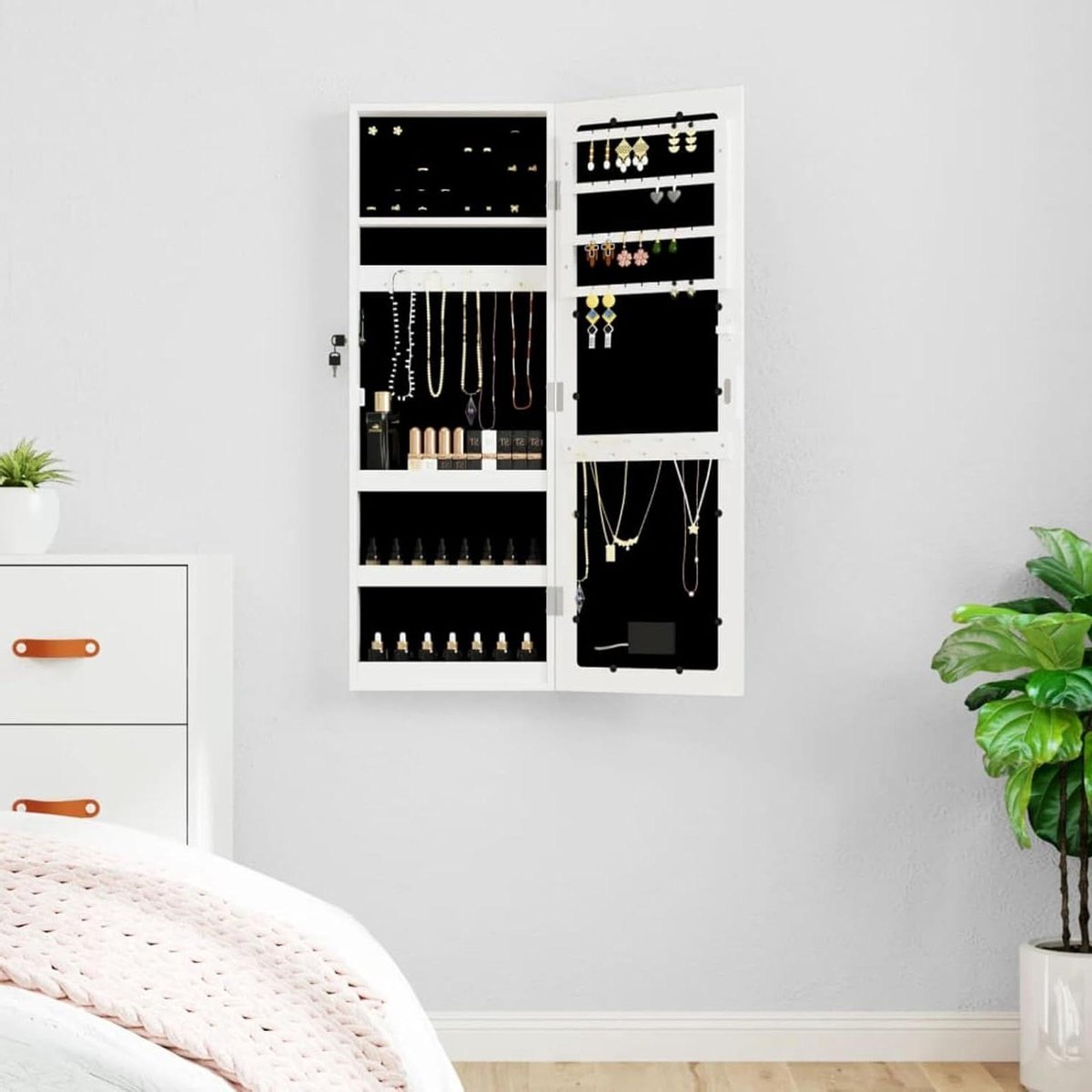 Sieradenkast met Spiegel - Juwelendoos Wandkast - Sieraden Opbergen - Met LED Verlichting - Wandmontage - Wit